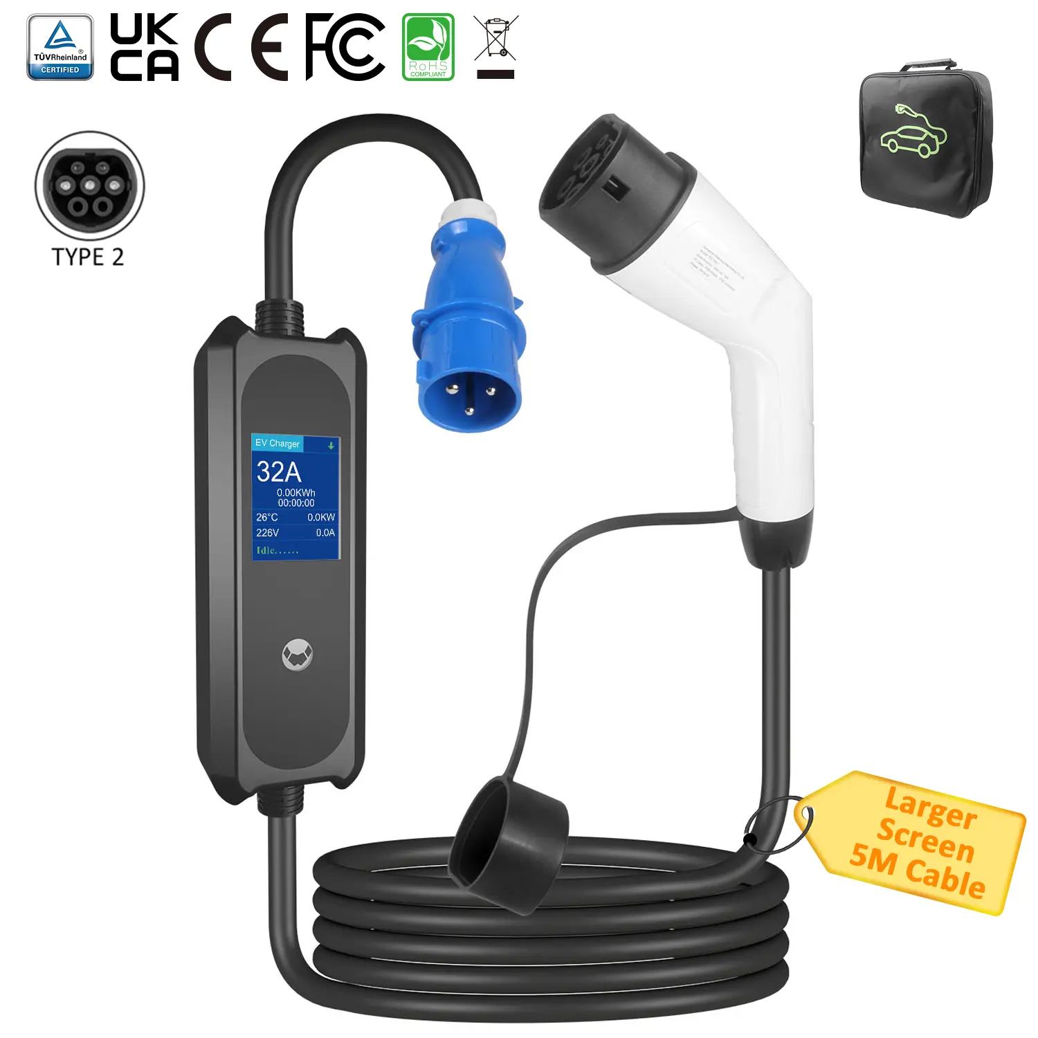 32A Portable EV Charger with Type 2 Cable and CEE Plug 7kW Output