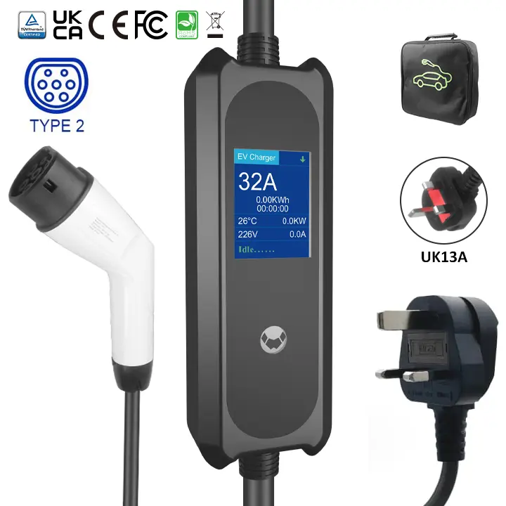 16A Portable EV Charger with UK 3-Pin Plug and Type 2 Cable, IP65 Rated