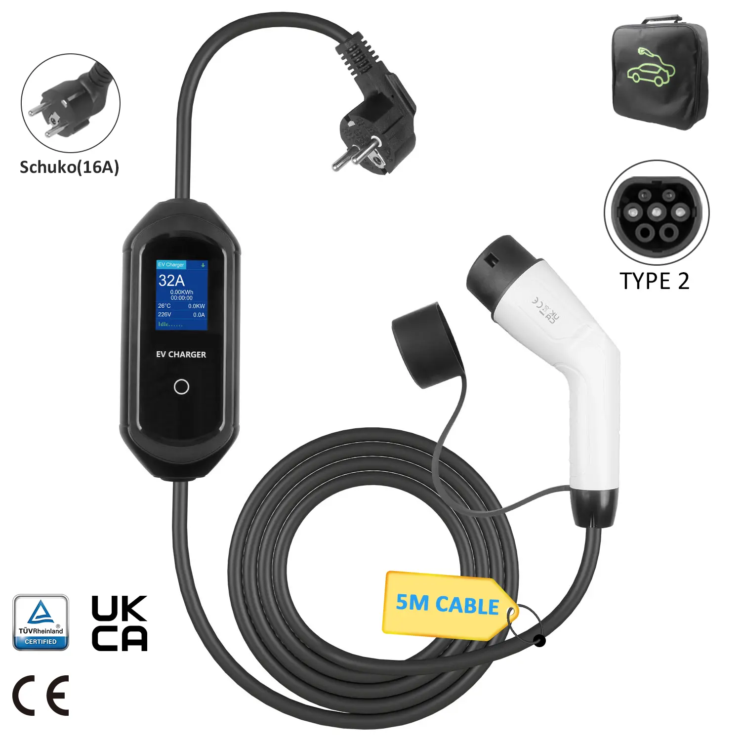 Portable 16A/3.5KW EV Charger with SCHUKO Plug and Adjustable Current