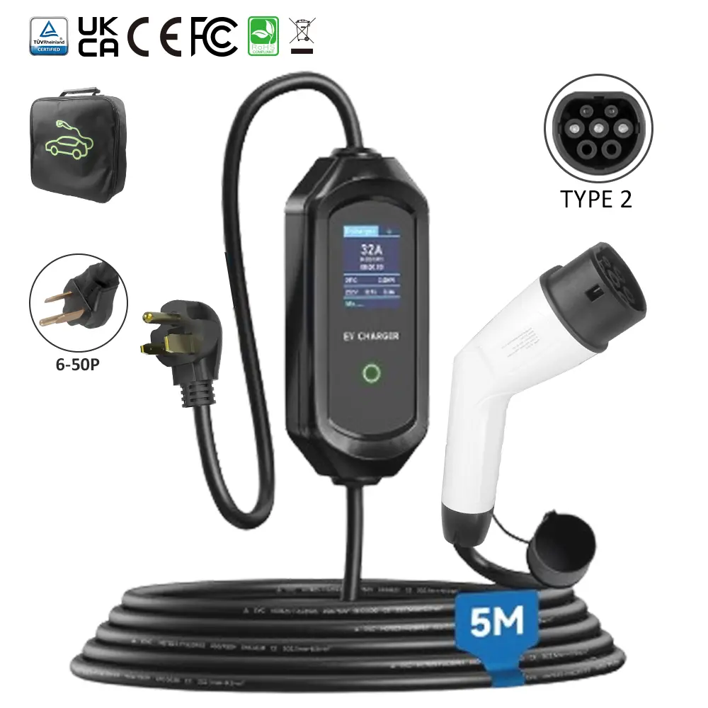 Portable 3.5KW EV Charger with NEMA 6-50P Plug, Large Screen Display