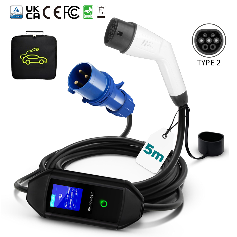 Portable 7KW EV Charger with Large Screen Display and CEE Plug