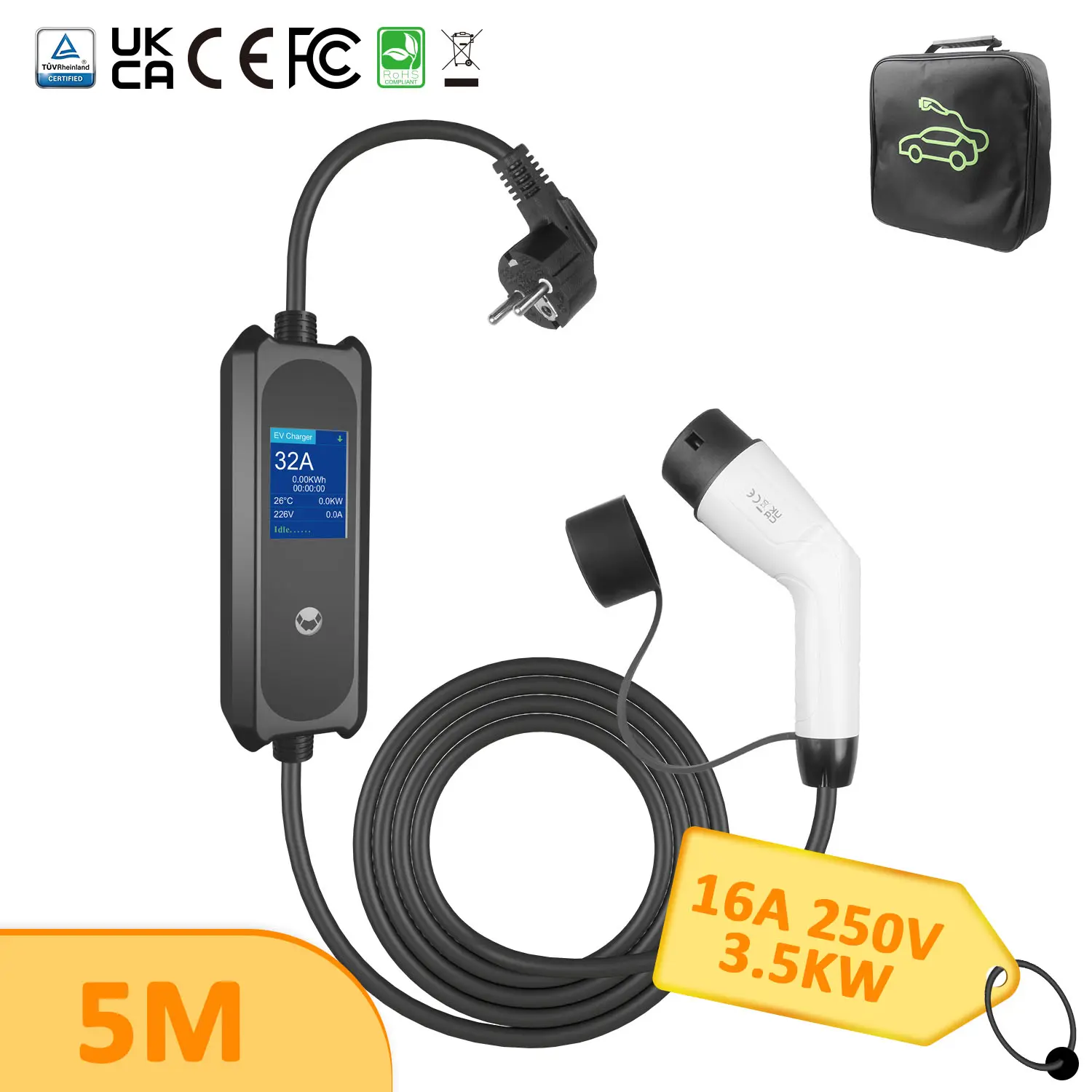 16A Portable EV Charger with Schuko Plug, Type 2 Cable, and IP65 Waterproof Rating