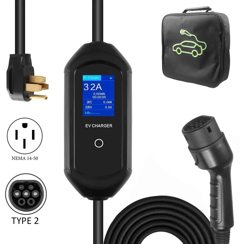 Portable 3.5KW EV Charger with NEMA 14-50P Plug and Large Screen Display