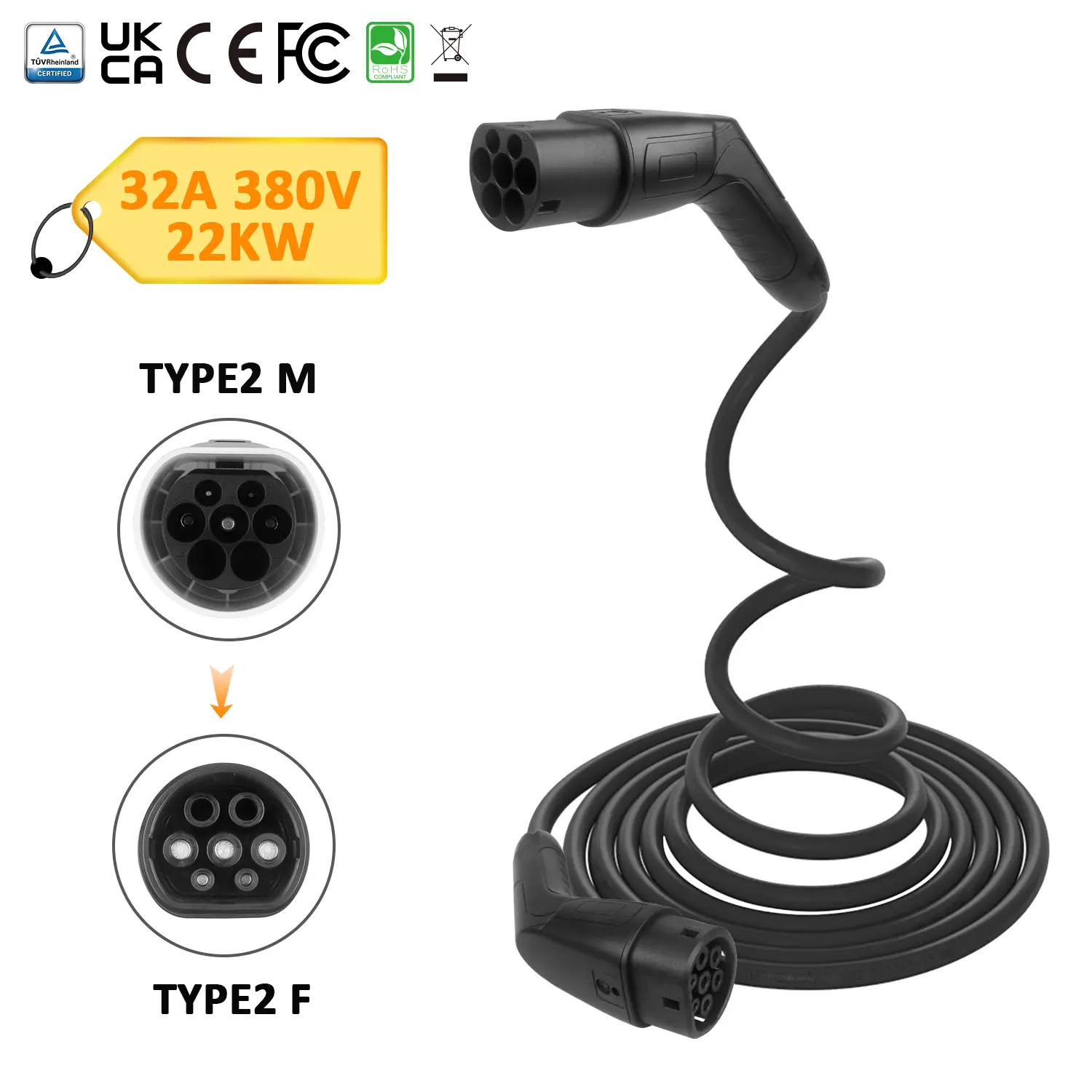 Type 2 Male to Type 2 Feamal EV Charging Cable