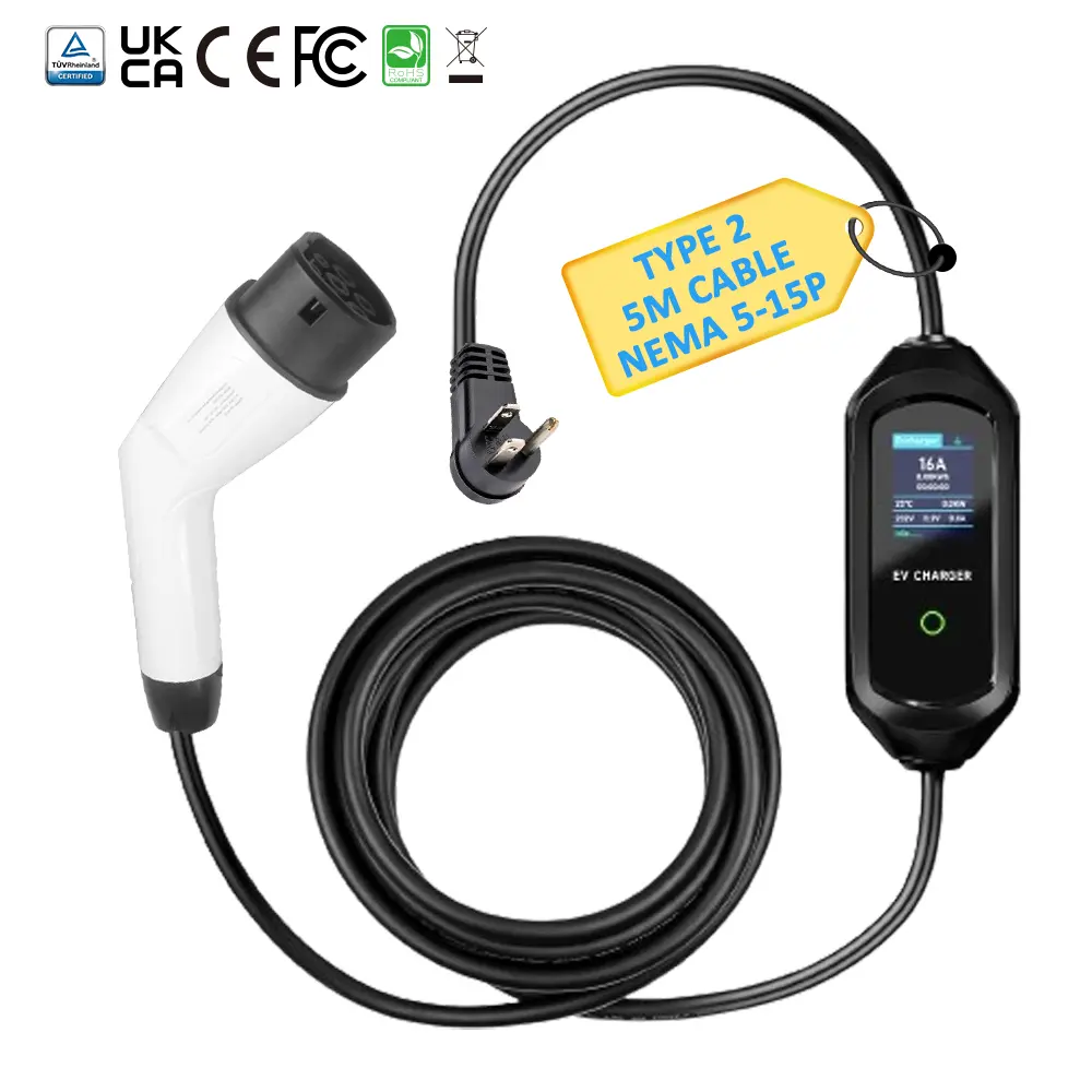 Portable 3.5KW EV Charger with NEMA 5-15P Plug and Large Screen Display