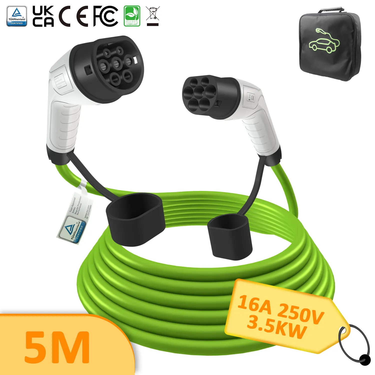 Type 2 EV Charging Cable with White Gun Head and Green Cable