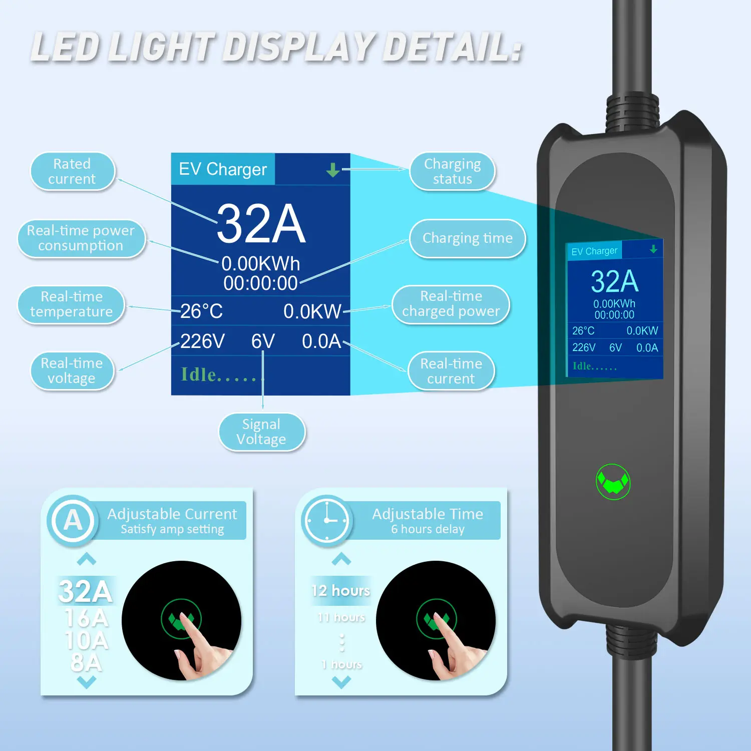 Portable 16A EV Charger with NEMA 5-15P Plug, Type 2 Cable, and LCD Screen