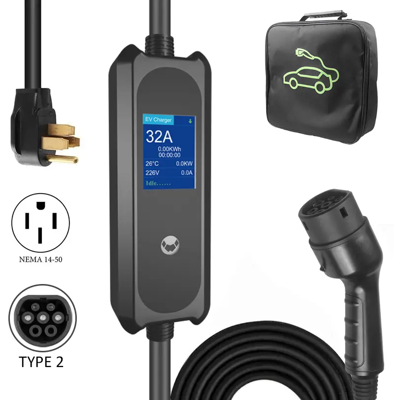 16A Portable EV Charger with NEMA 14-50P Plug and Type 2 Cable, IP65 Rated