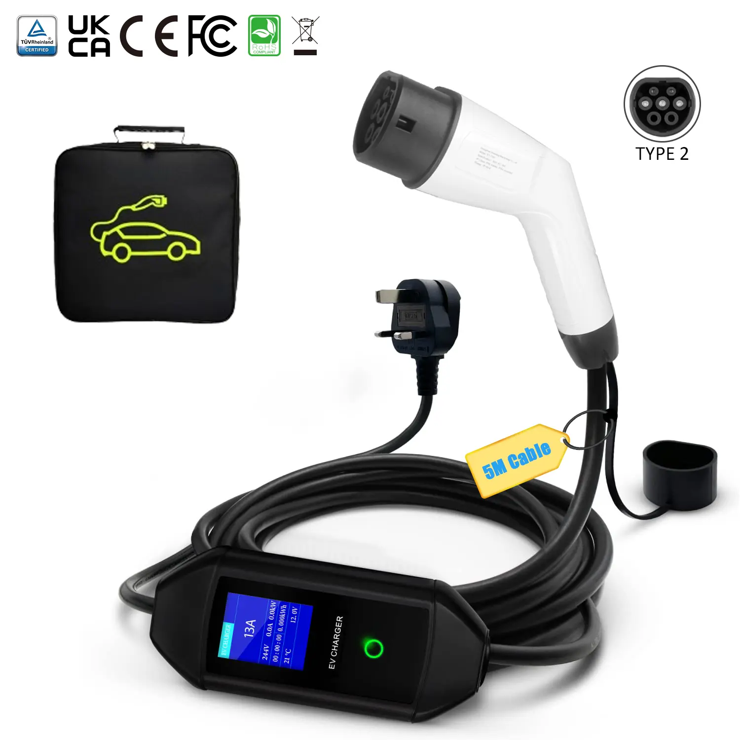 16A/3.5KW Portable EV Charger with UK Plug and White Head, IP65 Rated