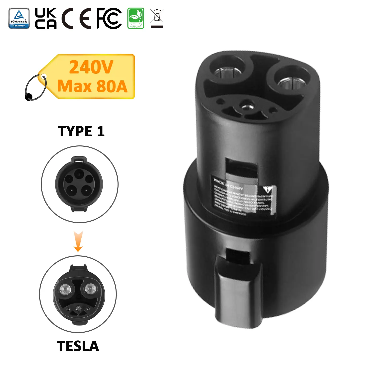 80A EV Charger Type 1 to Tesla EV Charging Adapter