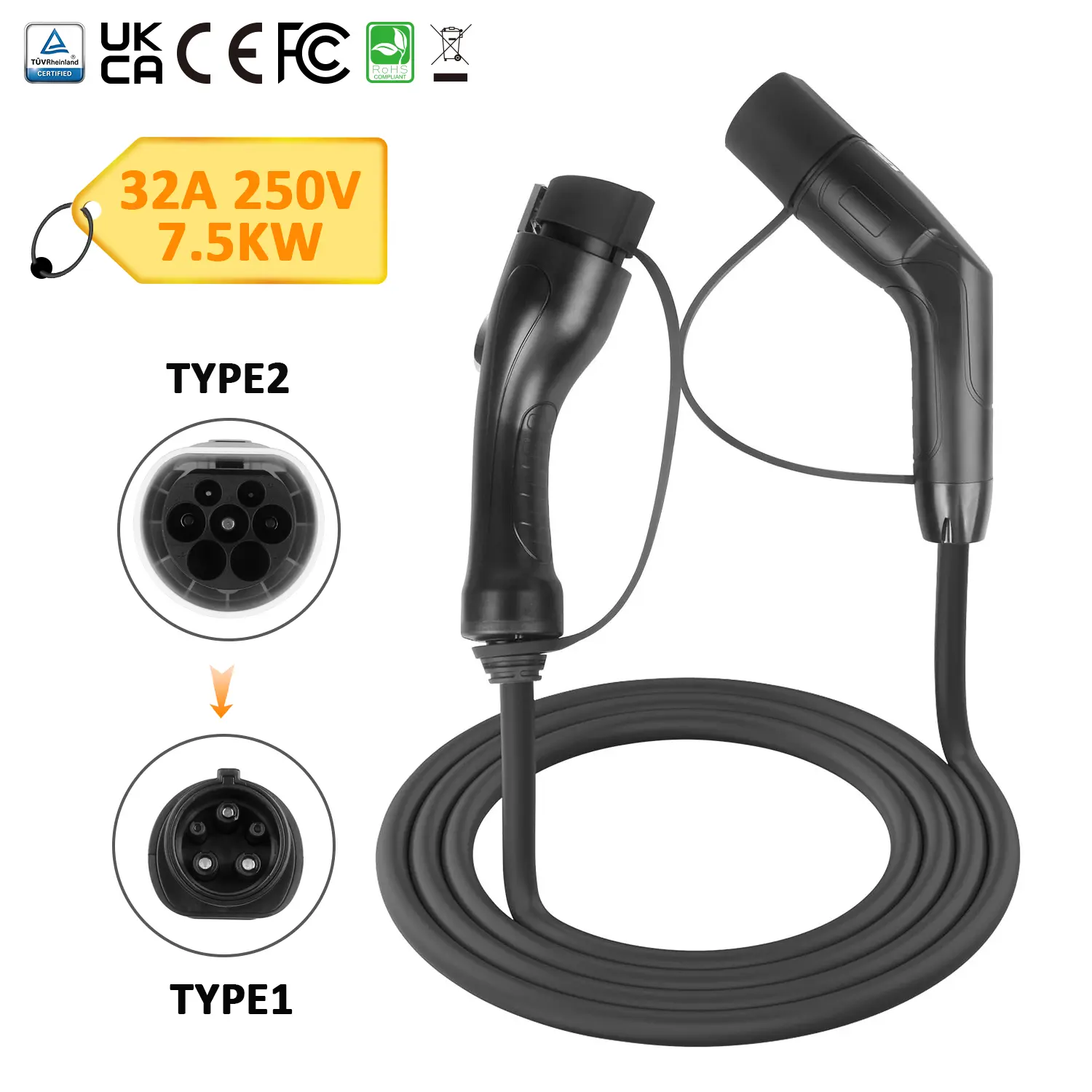 Type 2 to Type 1 Car Charging Cable for Electric Vehicle Car