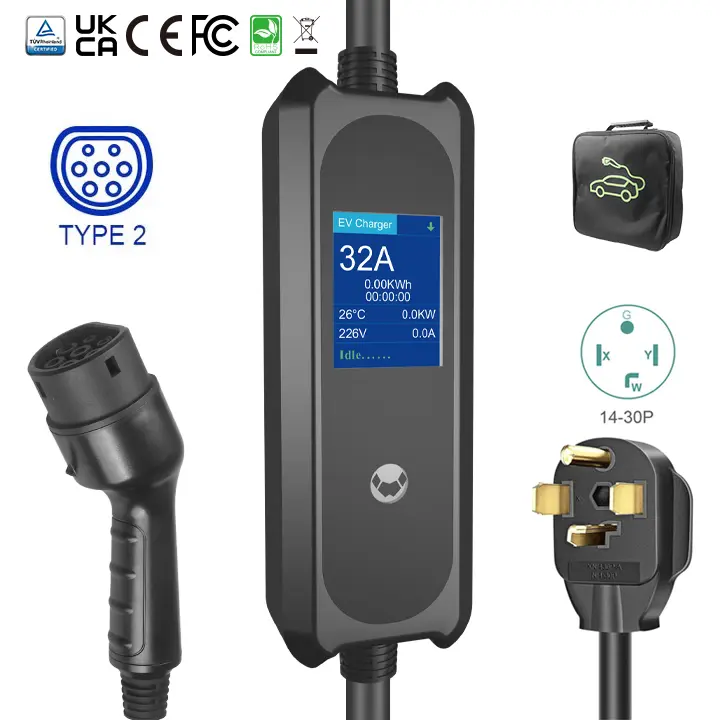 IP65 Waterproof 16A Portable EV Charger with NEMA 14-30P Plug and LCD Display