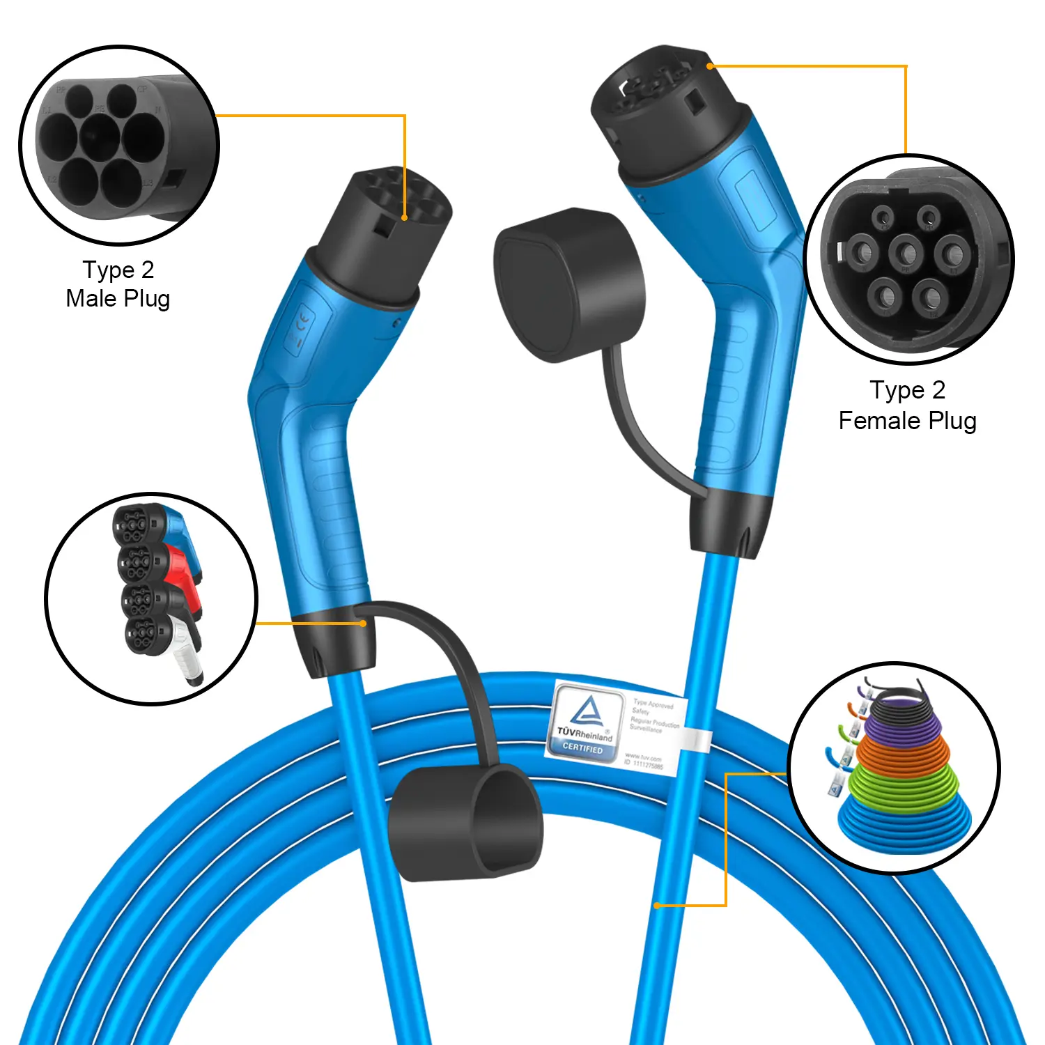 Custom Color Type 2 to Type 2 EV Charging Cable