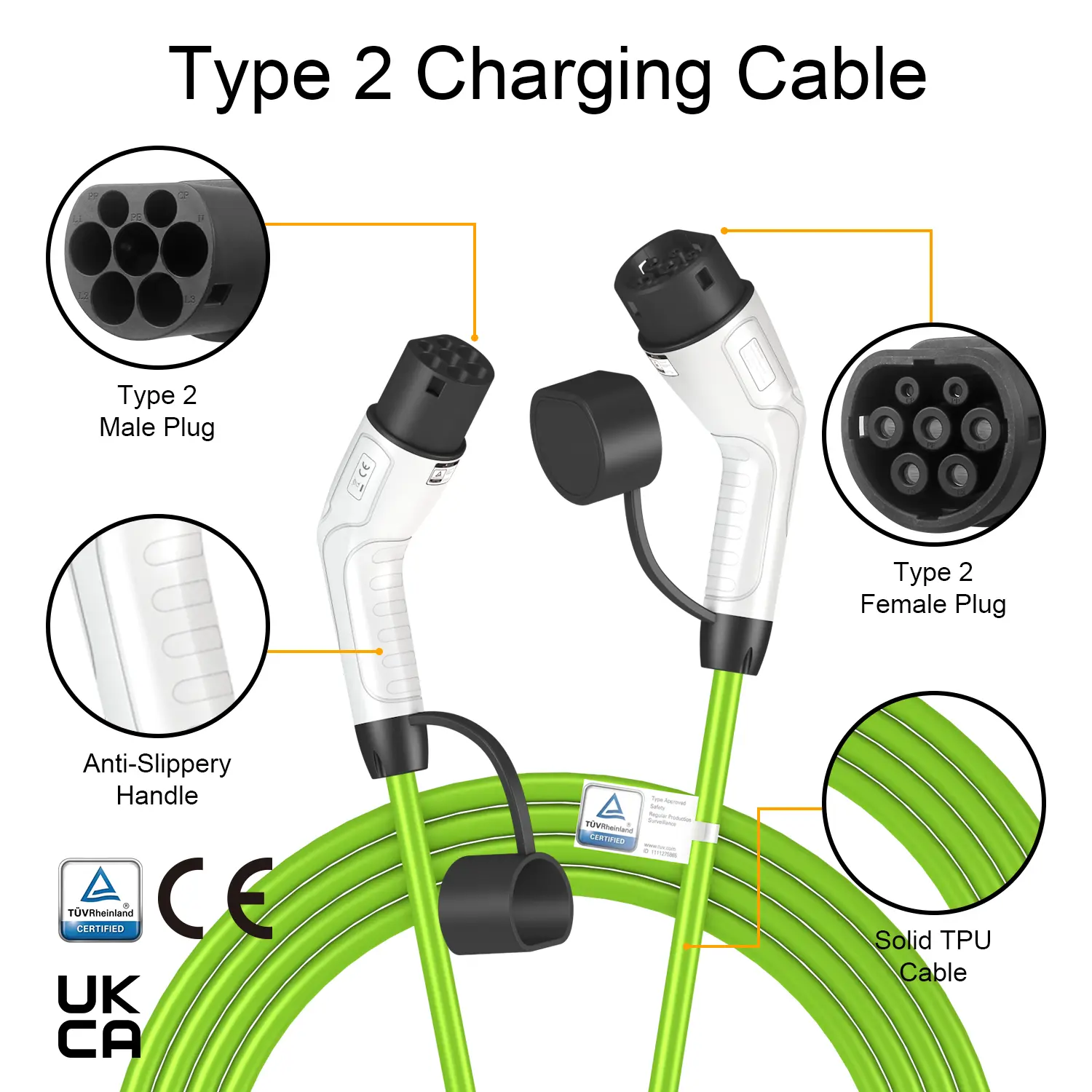 Type 2 EV Charging Cable with White Gun Head and Green Cable (4)i4o