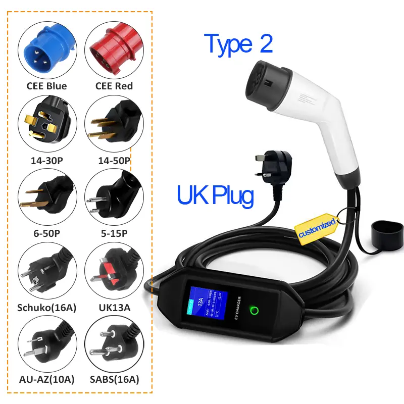 Type 2 Charging Head With UK Plug Portable EV Charging Gun with Adjustable Current for Home Electric Car Charging Stations