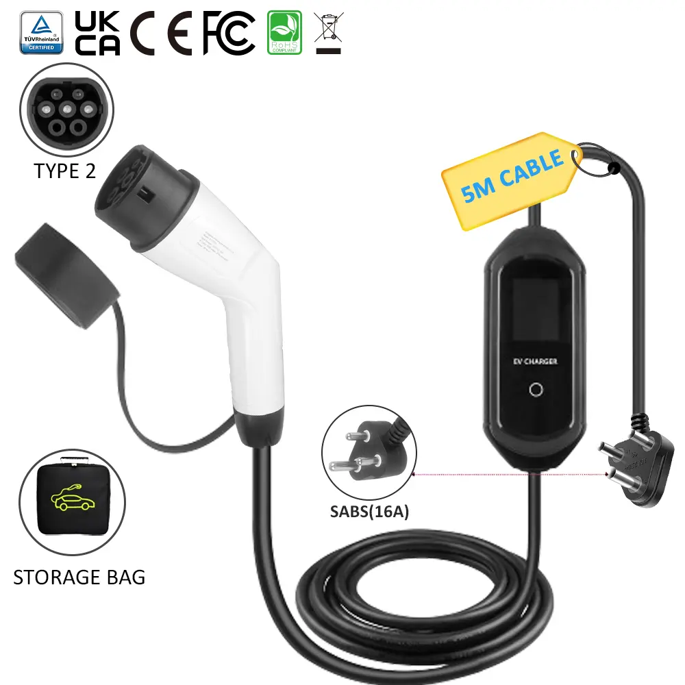 Portable 3.5KW EV Charger with SABS Plug and Large Screen Display