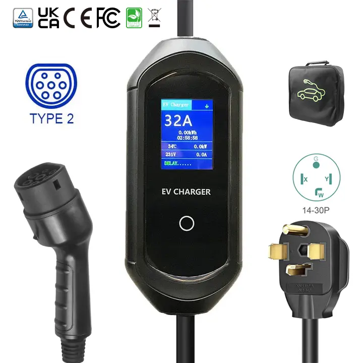 16A 3.5KW Portable EV Charger with NEMA 14-30P Plug and Large Screen Display
