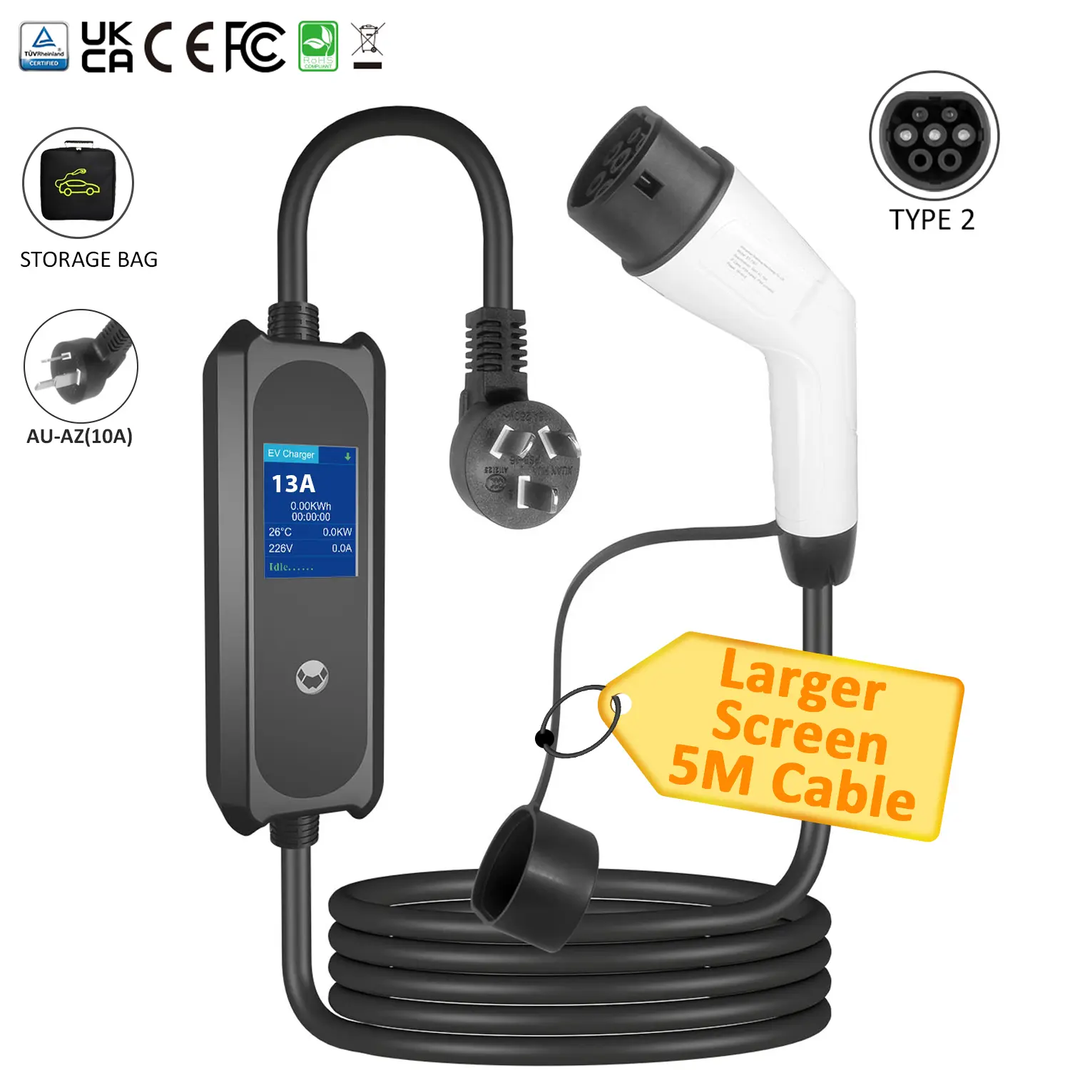 IP65 Max Waterproof 16A Portable EV Charger with NEMA 6-50P Plug and LCD Screen
