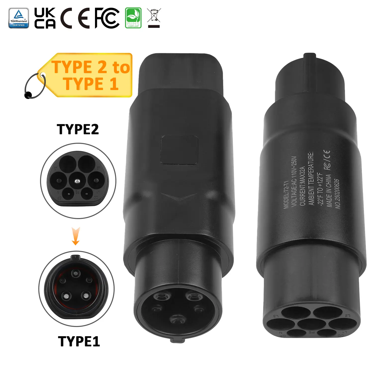 Type 2 to Type 1 EV Adapter – 32A EV Charging Cable Adapter